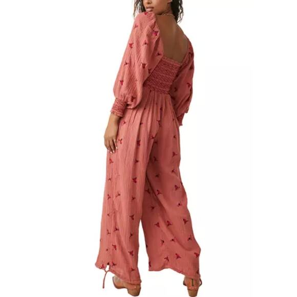 Free People Dahlia Jumpsuit Floral Wide Leg Smocked Pink Red XS Embroidery Boho - Picture 3 of 9
